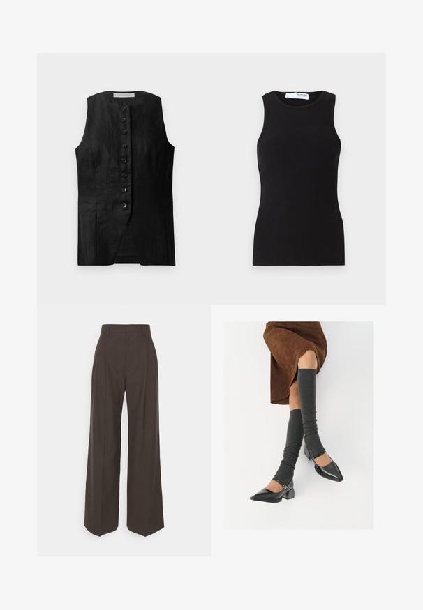 Colete preto sem mangas com um corte reto, apresentando uma frente com botões e uma textura subtil. O tecido parece leve e suave.; Camisola preta de alças sem mangas com um decote redondo. Feita de um tecido elástico, possui um formato ajustado e uma textura suave.; Calças largas castanhas escuras com cintura alta, apresentando pregas bem vincadas, textura suave e um corte ajustado.; Sapatos pretos de pele lacada com biqueira pontuda, salto bloco e tiras no tornozelo, combinados com caneleiras cinzas em malha e uma saia de camurça castanha.
