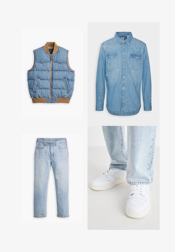 Denim veste ar priekšējo rāvējslēdzēju, polsterētu dizainu, zilu audumu, brūnu grozu apkakli un apakšmalu, kā arī divām sānu kabatām.; Gai zils džinsu krekls ar garām piedurknēm, norādītu apkakli un divām krūšu kabatām. Iespējama pogu aizdare un izliekta apakšmala.; Gaiši zili džinsi ar taisnu kāju dizainu, piecu kabatu stilu un kontrastējošu diegu. Pogas un rāvējslēdzēja aizdare jostasvietā.; Biezi balti ādas apavi līdz potītei ar perforētu purngalu, plakaniem šņorēm un minimālistisku dizainu. Saskaņoti ar gaiši ziliem džinsiem.
