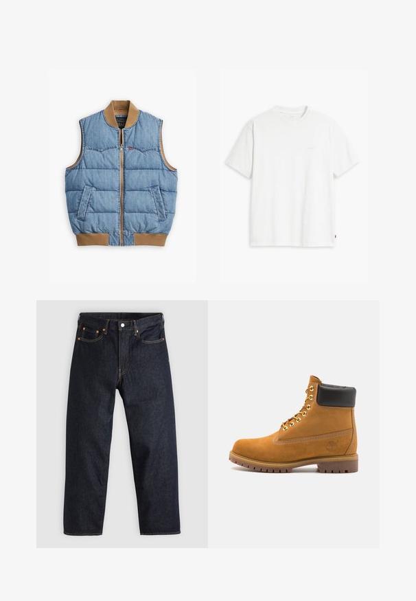 Vesta din denim cu fermoar la față, design căptușit, material albastru, guler și margine din bumbac maro, și două buzunare laterale.; Tricou alb din bumbac, cu mâneci scurte, decolteu rotund și un logo discret „Levi's” imprimat într-o culoare deschisă pe partea din față.; Jeans de denim albastru închis, cu croială dreaptă, cinci buzunare, cusături contrastante de portocaliu și fermoar cu buton. Fără modele sau embellishments vizibile.; Cizmă de gleznă din întoarsă de culoare bej, cu guler negru căptușit, ochiuri din metal auriu, detalii de cusătură albă și talpă din cauciuc robustă, cu un model pronunțat.