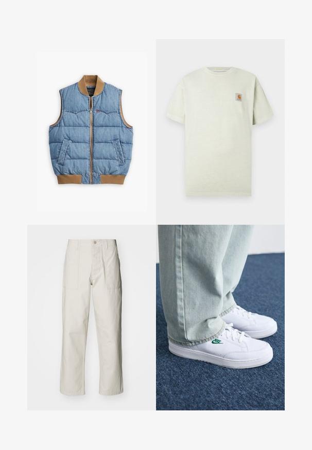 Denim jakna s sprednjim zadrgo, podložena zasnova, modra tkanina, rjav ribast ovratnik in rob ter dve stranski žepi.; Svetlo zelena bombažna majica s kratkimi rokavi, okroglo izrezano vratom in majhnim kvadratnim logotipom na levem prsnem delu. Mehka tekstura.; Svetlo bež široke hlače iz bombaža. Imajo sprednje žepe in gumbasto zapiranje. Gladka tekstura z subtilnimi navpičnimi črtami.; Bela usnjena športna obutev z zelenim Nike logotipom, okrogla konica, ravna podplat, v kombinaciji z svetlo modrimi kavbojkami, prikazana na modrem preprogu.