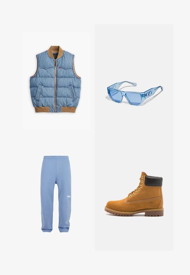Denimvest, millel on tõmblukk ees, polsterdatud disain, sinine kangas, pruun soonikkrae ja -äär, ning kaks küljetaskut.; Pikkade varrukatega valge puuvillane t-särk ümmarguse kaelusega, laia lõikega ja soonikute otstega. Üksildane disain, ilma graafika või mustriteta.; Heledad sinised dressipüksid elastse vöökohtadega, kitsenevad sääred ja valge logoga vasakul reisel. Valmistatud pehmest, tekstuurist kangast.; Küpset tan suede sääreboot musta pehmea kraega, kuldsed metallist silmad, valge õmblemise detailid ja robustne kummist tallaga, millel on väljendunud mustrid.; Sinised prillid läbipaistva plastraamiga, nurgelise kujuga ja sinise tooniga läätsedega. Omab logo detaile käepidemetel.