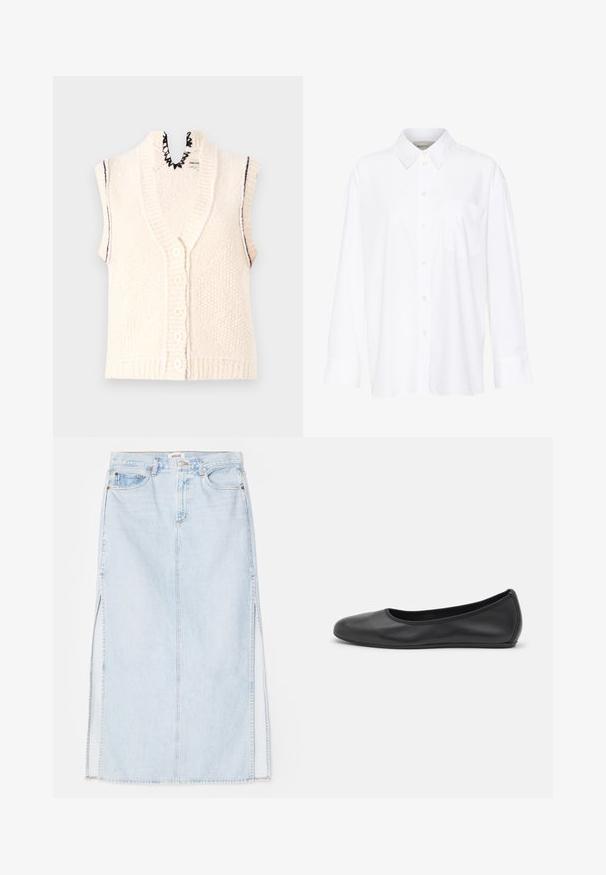 Korte mouwen gebreide vest, crèmekleurig, knoopsluiting aan de voorkant, geribbelde onderrand, gekartelde halslijn details, textuurstof met verticale lijnen.; Witte lange mouwen overhemd met kraag van katoen. Voorzien van een knoopsluiting aan de voorkant en een enkele borstzak. Een gladde textuur en een ontspannen pasvorm.; Lichtblauwe denim maxi rok met een rechte snit, voorzien van zijsplits en een ontwerp met vijf zakken. Opvallende stiksels en metalen knoopsluiting.; Zwarte leren ballerina met een ronde neus, gladde textuur, minimale stikdetails en een flexibele zoolontwerp.