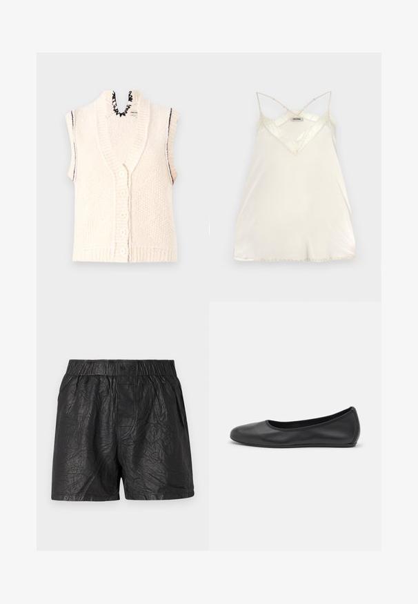Short-sleeve knitted vest, cream color, button-front closure, ribbed bottom hem, scalloped neckline detail, textured fabric with vertical lines.; Light cream camisole with adjustable spaghetti straps, V-neck design, and lace accents at the neckline and hem for added detail.; Black shorts made from crinkled material, featuring an elastic waistband with two buttons, knee-length cut, and smooth texture.; Black leather ballet flat with a rounded toe, smooth texture, minimal stitching detail, and a flexible sole design.