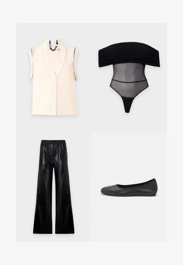 Ärmellose Strickweste, cremefarben, Knopfleiste vorne, gerippter Saum, gewellter Ausschnitt, strukturierter Stoff mit vertikalen Linien.; Undress Code Top - black; Weite Hosen aus glänzendem schwarzem Material mit elastischem Bund. Der Stoff hat eine glatte Textur und einen leichten Glanz.; Schwarze Leder-Ballettschuhe mit abgerundeter Spitze, glatter Textur, minimalen Nähdetails und einem flexiblen Sohlen-Design.