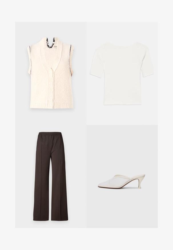 Short-sleeve knitted vest, cream color, button-front closure, ribbed bottom hem, scalloped neckline detail, textured fabric with vertical lines.; White ribbed short-sleeve top with a wide neckline. The texture features vertical stripes, emphasizing a snug fit and simple design.; Wide-leg trousers in dark brown fabric with an elastic waistband, featuring a smooth texture and clean lines for a tailored look.; White mesh pointed-toe mule with a slim mid-height heel and slip-on design against a plain background.