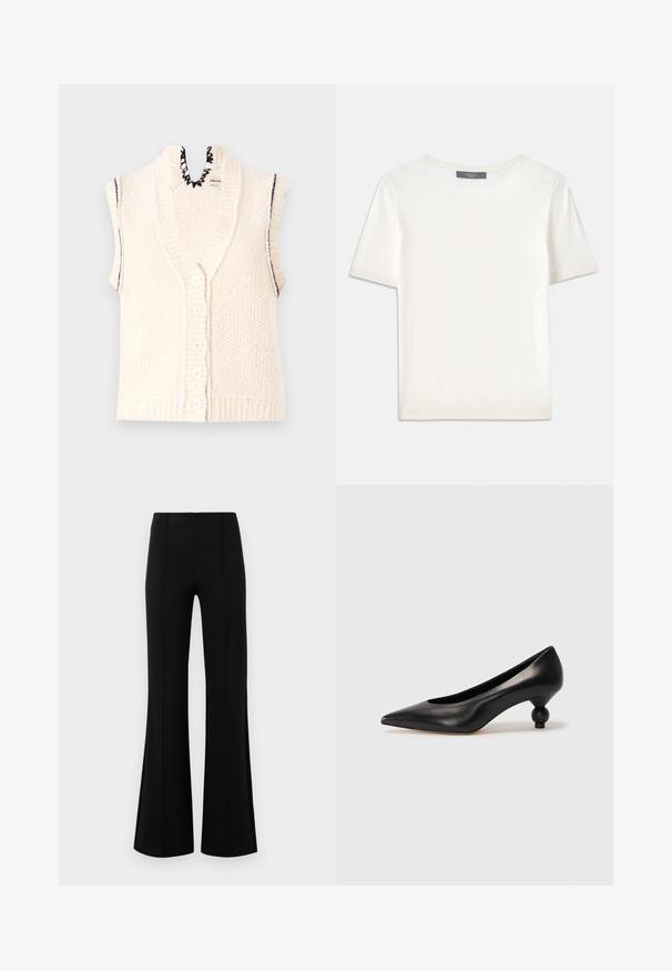 Korte mouwen gebreide vest, crèmekleurig, knoopsluiting aan de voorkant, geribbelde onderrand, gekartelde halslijn details, textuurstof met verticale lijnen.; Witte gebreide top met korte mouwen en een ronde halslijn, met een gladde textuur en subtiele ribgebreide accenten bij de mouwen en de zoom.; Zwarte flared broeken met een hoge taille, gemaakt van rekbaar materiaal. Bevat verticale naden aan de voorkant en heeft een gladde textuur.; Zwarte leren hoge hak schoen met een spitse neus en een ronde, bolle hak. Gladde textuur met een elegant, minimalistisch ontwerp.