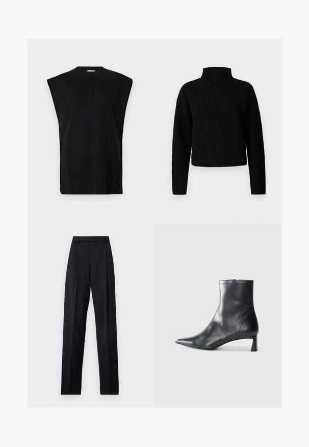 Svart stickad ärmlös topp med hög halsringning, med ribbad struktur och sidoklyftor för ökad rörelsefrihet.; Svart ribbad polotröja med långa ärmar och kort design. Texturen ser tjock och stickad ut, utan synliga mönster eller utsmyckningar.; Svarta byxor i mjukt tyg med hög midja, vida ben, framfickor och klassiska bältesöglor. Inga sidofickor synliga.; Svart läder ankelboot med spetsig tå och en smidig design. Har en låg klack och en dragkedjestängning bak. Slät textur.
