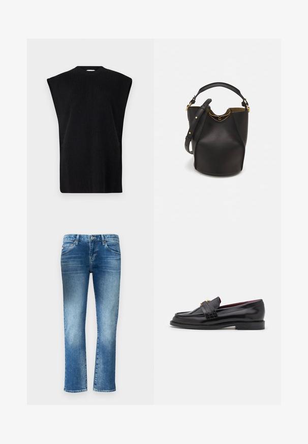 Schwarzes, gestricktes ärmelloses Oberteil mit hohem Ausschnitt, das eine gerippte Textur und seitliche Schlitze für mehr Bewegungsfreiheit aufweist.; Hellbeige Rollkragenpullover aus einem weichen Strickstoff, mit langen Ärmeln und einem zarten, gerüschten Halsauschnitt.; Hellblaue Jeans aus Denim mit geradem Bein, subtiler Ausbleichung und mittelhoher Taille. Verfügt über fünf Taschen und Gürtelschlaufen.; Schwarze Lederloafers mit einem gestickten Muster, glatter Textur, goldenen Schnallendetails und einer runden Zehenform, auf einer niedrigen schwarzen Sohle.; Schwarze Leder-Eimerhandtasche mit strukturierter Oberfläche, goldenen Hardware-Akzenten und offenem Design. Verfügt über einen kurzen Griff und einen verstellbaren Schultergurt.