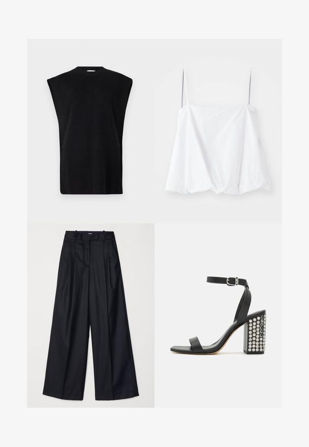 Schwarzes, gestricktes ärmelloses Oberteil mit hohem Ausschnitt, das eine gerippte Textur und seitliche Schlitze für mehr Bewegungsfreiheit aufweist.; Weißes ärmelloses Oberteil mit dünnen Trägern, aus leichtem Stoff gefertigt. Es zeichnet sich durch ein lockeres Design und eine geraffte Textur am Saum aus.; Schwarze weit geschnittene Hosen aus glattem Stoff, mit hoher Taille, Falten und einer taillierten Passform. Einfaches schwarzes Zubehör an der Taille.; Schwarze Ledersandalen mit Absatz und Knöchelriemen. Mit einer quadratischen Schuhspitze, glatter Textur und einem quadratischen Blockabsatz, der mit silbernen Nieten verziert ist.