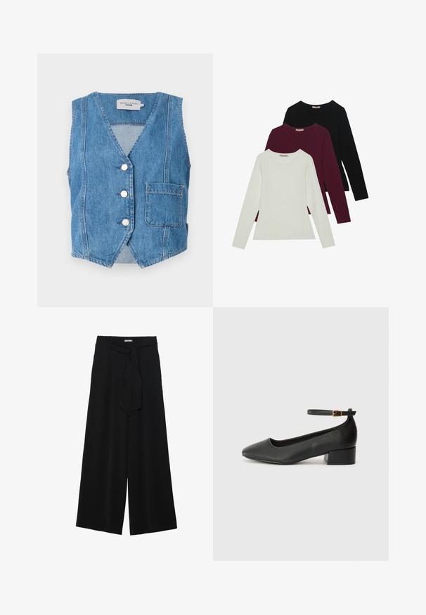 Colete de ganga em azul claro com decote em V, cinco botões frontais e um bolso com pala no lado esquerdo. Textura desgastada com costuras visíveis.; T-shirts de manga longa nas cores branca, burgundy e preta. Feitos de um tecido suave com decote redondo e design ajustado. Adequados para sobreposições.; Calças largas pretas com um tecido texturizado, uma cintura elástica e um laço destacável na cintura para um ajuste ajustável.; Sandal de pele preta com bico pontiagudo e um salto bloco baixo. Apresenta uma tira no tornozelo com uma fivela em tom dourado. Textura suave.