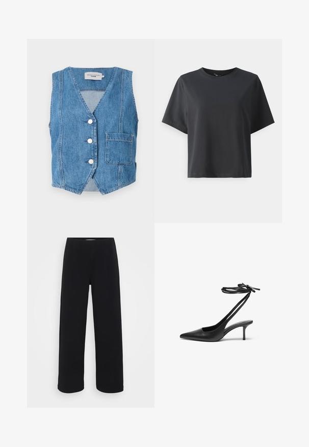 Šviesiai mėlynas džinsinis liemenė su V formos iškirpte, penkiomis priekinėmis sagomis ir kišene kairėje pusėje. Nusidėvėjusi tekstūra su matomomis siūlėmis.; Juodas medvilnės marškinėliai, trumpomis rankovėmis, apvaliu kaklu, laisvas kirpimas, lygus paviršius, paprastas dizainas, be raštų ar akcentų.; Juodos plačios kelnės su elastingu juosmeniu. Pagamintos iš tekstūruotos medžiagos, turi laisvą siluetą ir tiesų kirpimą nuo klubų iki krašto.; Juodas odinis stiletto batelis su smailiu nosiu, atvira nugara ir užrištomis kulkšnies juostelėmis. Plonas 3 colių kulnas. Lygi tekstūra, minimalistinis dizainas.