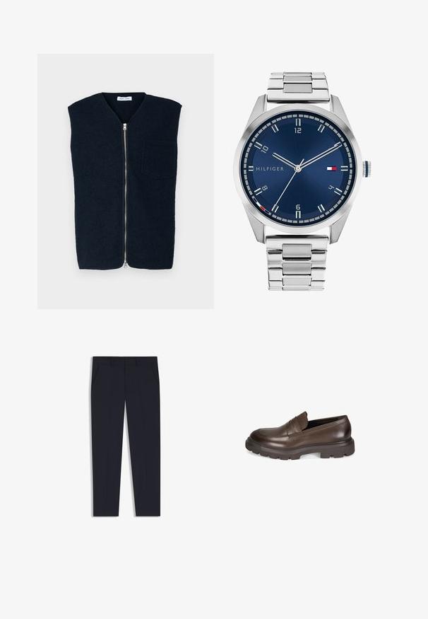 Marineblauer Wollweste mit hohem Kragen, durchgehendem Reißverschluss und einer Brusttasche. Glatte Textur und minimales Design.; Langärmliges, beiges Leinenhemd mit Stehkragen, Knopfleiste auf der Vorderseite und geradem Saum; glatte Textur und leichtes Design.; Marineblaue Hose mit maßgeschneiderter Passform, ausgestattet mit zwei Vordertaschen, einem flachen Design und einer glatten Textur. Keine sichtbaren Muster oder Verzierungen.; Desa Slipper - brown; Silberne Metall-Uhr mit einem gebürsteten blauen Zifferblatt, weißen Stundenmarkierungen und einem Datumsanzeiger. Verfügt über ein verlinktes Metallarmband und ein Markenlogo.