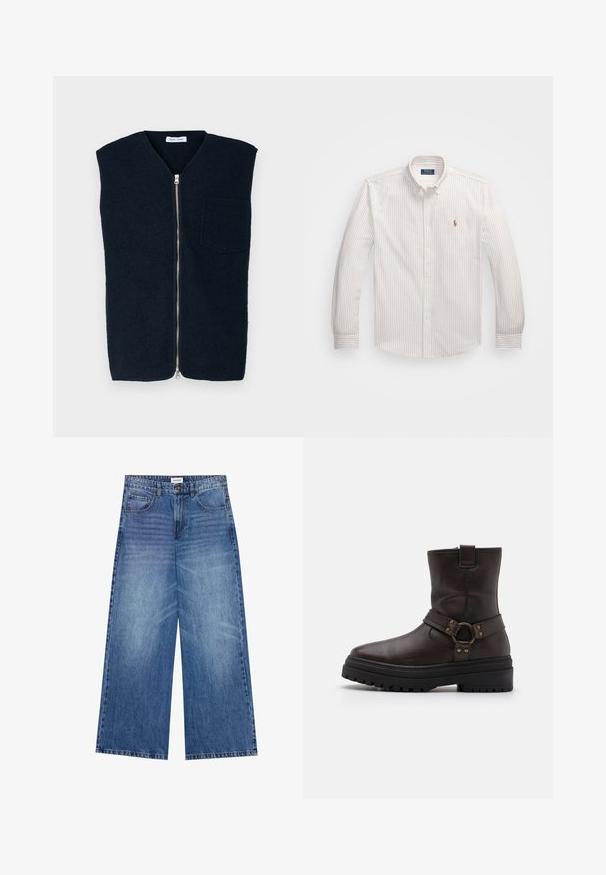 Tengerészkék gyapjú mellény magas nyakkal, elöl cipzárral és egyetlen mellzsebbel. Sima tapintású és letisztult dizájnú.; Fehér gombos ing vékony, világos bézs függőleges csíkokkal. Klasszikus gallérral, hosszú ujjal és kis hímzett logóval rendelkezik a mellrészen.; Világoskék farmer széles lábú nadrág, gombos záródással, négy zsebbel és enyhén kopott textúrával az anyagon.; Barna bőr bokacsizma négyzet alakú orral, csattal díszítve és vastag fekete talppal. Oldalcipzárral és texturált felülettel rendelkezik.