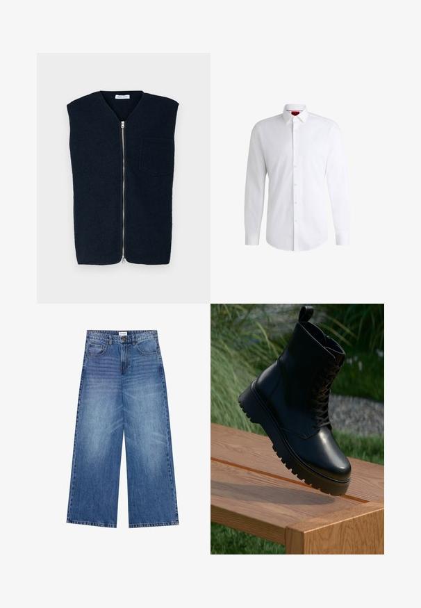 Marineblå ullvest med høy hals, glidelås foran, og en enkel brystlomme. Jevn tekstur og minimalistisk design.; Hvit skjorte med knapper laget av glatt stoff, med klassisk krage, lange ermer og buet nederkant. Har beige knapper foran.; Viddejeans i lyseblå denim, med knappelukking, fire lommer, og en lett falmet tekstur over stoffet.; Sorte læder ankelstøvle med tekstureret overflade, snørebånd fortil og kraftig, rillede sål. Vist på en træoverflade med græsbakgrund.