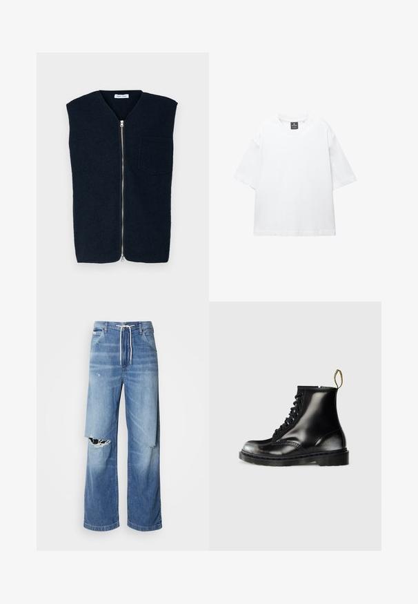 Mörkblå ullväst med hög krage, framdragkedja och en enda bröstficka. Slät textur och minimal design.; Vit kortärmad t-shirt i bomull, med rund halsringning och avslappnad passform med rak nederkant. Inga mönster eller dekorationer.; Ljusblå denimjeans med lös passform, med en vit dragsko i midjan och framträdande revor framtill som visar upp fransade kanter.; Svarta läderankelstövlar med en glänsande yta, åtta öglor, svarta snören och en dragtab. Har en texturerad sula med mönster.