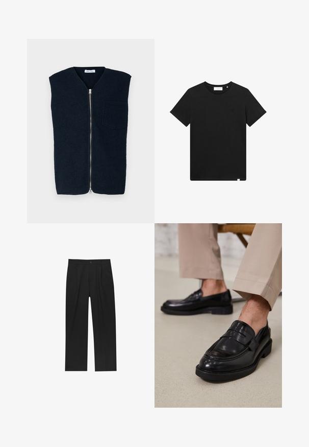 Merino villatakki, jossa on korkea kaulus, vetoketjusuljenta edessä ja yksi rintatasku. Sileä pinta ja minimalismi.; Lyhythihaine musta T-paita, joka on valmistettu puuvillasta. Paidassa on pyöreä pääntie ja pieni brodeerattu logo rinnassa. Sujuva rakenne, normaali istuvuus.; Mustat housut suoranlahkeisella muotoilulla, valmistettu sileästä kankaasta. Ominaisuuksiin kuuluu etupleateet ja yksi nappikiinnitys vyötäröllä.; Musta nahkakengät, joissa on sileä pinta, koristetasku ja kontrastisomistus, yhdistettynä vaaleanbeigeihin housuihin.