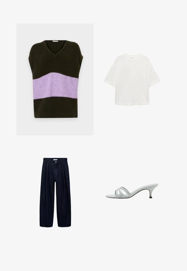 Green and lavender vest top with a v-neck, short sleeves, and a loose fit. Soft texture and horizontal color block design.; White short-sleeve t-shirt with a round neck, relaxed fit, made of soft fabric. No patterns or accents, featuring a standard hemline.; Dark denim wide-leg trousers with pleats at the waist, featuring a front button and belt loops. Smooth texture and full-length design.; Light gray heeled sandals with three crisscross straps, a slim profile, and a tapered heel. Smooth texture with a slightly shiny finish.