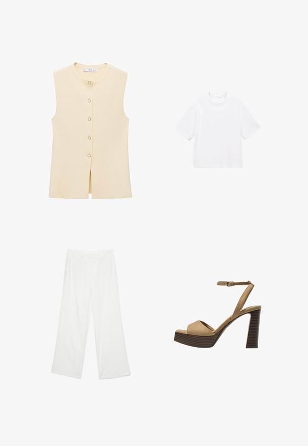 Bezramenný béžový sveter s okrúhlym výstrihom, s gombíkovým zapínaním vpredu s okrúhlymi gombíkmi a rozparkom na dne pre detail.; Biely bavlnený tričko s krátkym rukávom a okrúhlym výstrihom. Jednoduchý dizajn, voľný strih, hladká textúra. Žiadne vzory ani akcenty nie sú viditeľné.; Biele široké nohavice z látky s hladkým povrchom, prednými vreckami a klasickým pásom s pútkami na opasok.; Bežové semišové sandále na vysokom opätku s širokým predným pásom a pásikom okolo členka, ktoré majú masívny drevený blokový opätok s textúrovaným povrchom.