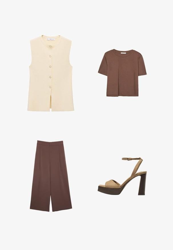 Bež bezrukavni prsluk s okruglim izrezom, s prednjim dijelom na kopčanje s okruglim gumbima i razdjeljkom na dnu za dodatne detalje.; Smeđi kratki rukav majica od mekog materijala, s okruglim izrezom i opuštenim krojem. Nema vidljivih uzoraka ili naglasaka.; Smeđe hlače širokog kroja s glatkom teksturom, koje imaju visok struk i nabore sprijeda. Tkanina je lagana i slobodno se kreće.; Beige suedirane sandale s visokim potpeticama, širokom prednjom trakom i trakicom oko gležnja, s debelom drvenom blok-potpeticom s teksturiranim završetkom.