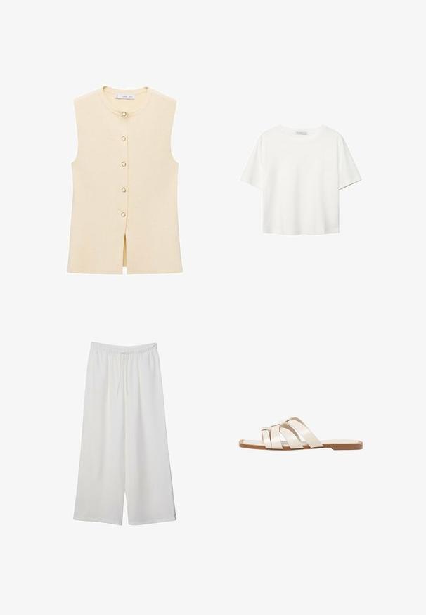 Värihiihto beige ilmanhiha vestillä, jossa on pyöreä pääntie ja napitettava etuosa, jossa on pyöreitä nappeja ja vammäri alareunassa yksityiskohtana.; Valkoinen lyhythihainen T-paita, joka on tehty puuvillasta. Siinä on pyöreä kaula-aukko ja rento malli. Silkkinen pinta ilman näkyviä kuvioita tai koristeita.; Valkoiset leveälahkeiset housut, jotka on valmistettu kevyestä kankaasta. Niissä on joustava vyötärö ja nauha säädettävää istuvuutta varten. Sileä pinta.; Tason vaaleanruskealla kumipohjalla, jossa on kolme päällekkäistä valkoista nahkaremmiä ja pieni satiininen rusetti keskellä.