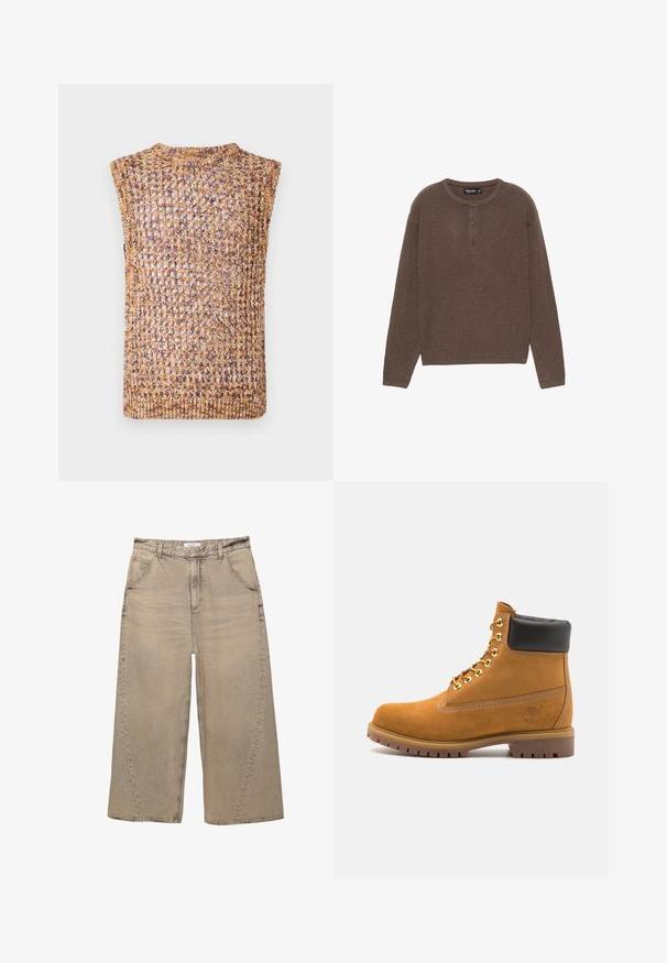 Pletený bezrukávový top s otvoreným tkaním v odtieňoch zlata a hnedej, s okrúhlym výstrihom a zakončenými okrajmi.; Hnedý rebrovaný pletený top s dlhým rukávom a okrúhlym výstrihom so zapínaním na tri gombíky. Má rovný strih a mäkkú textúru.; PULL&BEAR MEGA BAGGY - Džínsy baggy - light grey; Tyrkysové semišové členkové topánky s čiernym polstrovaným golierom, zlatými kovovými očkami, bielym prešívaním a robustnou gumovou podrážkou s výraznými drážkami.