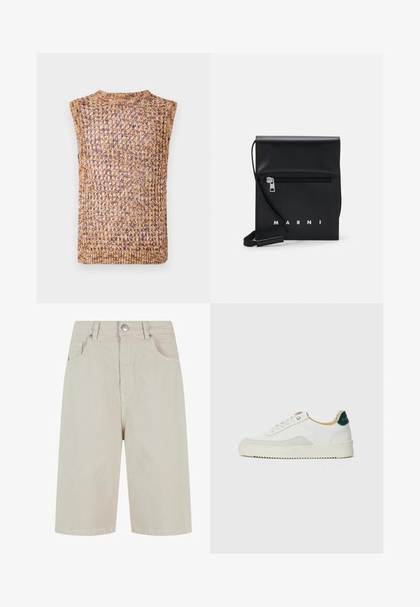 Pletený bezrukávový top s otevřeným tkaním v odstínech zlata a hnědé, se zaobleným výstřihem a jemně zakončenými okraji.; Hedvábná košile s mnoha barvami, na které se prolínají různé vzory, včetně květinových a grafických tisků, s černým límcem a dlouhými rukávy.; Béžové džínové šortky se rovný střih, s předním zapínáním na knoflík a čtyřmi kapsami. Látka má hladkou strukturu a minimální švy.; Bílé tenisky se semišovými prvky, kulatou špičkou, plochými tkaničkami a krémovou gumovou podrážkou. Na patě mají zelené logo.; Černá kožená kabelka přes rameno s přední zipovou kapsou, embosovaným logem a nastavitelným popruhem. Hladký povrch s pevnou strukturou.