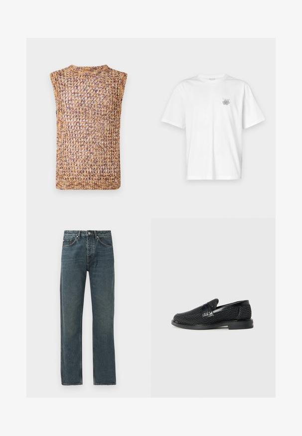 Stricktop ohne Ärmel mit offener Webart in Gold- und Brauntönen, mit rundem Ausschnitt und gesäumten Kanten.; Weißes T-Shirt aus Baumwolle mit kurzen Ärmeln, Rundhalsausschnitt und kleinem grauen Logo auf der linken Brustseite. Glatte Textur.; Dunkelblaue Denim-Jeans mit geradem Bein-Design, ausgestattet mit fünf Taschen, einem Knopfverschluss und kontrastierenden Steppdetails.; Schwarzer geflochtener Slipper mit einem glatten Lederakzent im Obermaterial, einem runden Zehendesign und einer flachen Gummisohle.