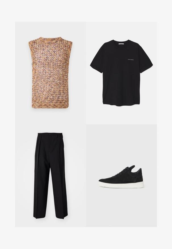 Strikket utenermed med åpen vev i nyanser av gull og brunt, med rund hals og fullførte kanter.; Svart bomull T-skjorte med rund hals, korte ermer, og hvit logo trykk på venstre bryst. Enkel, ensfarget design.; Sorte plissert bukser med en rett, bred benform. Laget av glatt stoff, med knappelukking og beltehemper.; Sorte semskede sneakers med hvit gummisåle, med tonale sømmer og snøring. Glatt tekstur med en moderne, strømlinjeformet form.