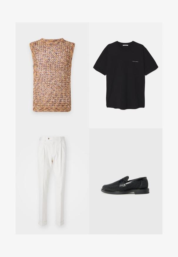 Adīts bez piedurknēm tops ar atvērtu austu struktūru zelta un brūnos toņos, ar apaļu kakla izgriezumu un apstrādātām malām.; Melnas kokvilnas T-krekls ar apaļu kaklu, īsām piedurknēm un baltu logotipa uzdruku kreisajā krūtī. Vienkāršs, vienkrāsains dizains.; Baltas pielāgotas bikses ar gludu priekšpusi, divām krokām un ruļļotām piedurknēm. Izgatavotas no gludas auduma, ar pogu aizdari jostasvietā.; Melnas austas slaidu kurpes ar gludu ādas akcentu augšpusē, apaļas formas purngalu un zemas profila gumijas zoli.