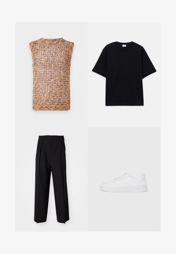 Adīts bez piedurknēm tops ar atvērtu austu struktūru zelta un brūnos toņos, ar apaļu kakla izgriezumu un apstrādātām malām.; Melns īsām piedurknēm oversize T-krekls ar apaļu kakla izgriezumu un redzamu Filippa K zīmola birku iekškaklā.; Melnas plisētās bikses ar taisnu, plata kāja dizainu. Izgatavotas no gludas auduma, ar pogu aizdari un jostas cilpiņām.; Baltas zema apava sporta kurpes ar auklēm priekšā, gluda virsma un gumijas zole uz vienkārša gaiša fona.