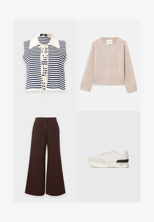 Top senza maniche a righe navy e crema con una parte anteriore bottonata, caratterizzato da un colletto scallop e dettagli con lacci al centro.; Maglione lavorato a maglia beige con collo rotondo e polsini a coste. Presenta una vestibilità comoda e una trama sottile, etichettato "CLOSED".; Pantaloni brown a vita alta e gamba larga con chiusura a bottoni e cerniera, passanti per cintura e pieghe frontali.; Sneaker bianca con una punta in suede testurizzato, parte superiore in mesh liscia, lacci decorativi e un accento sul tallone in gomma nera.