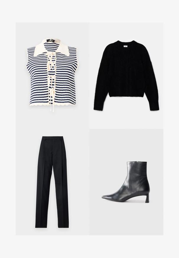 Tumesinine ja kreemivalliga triibuline ilma varrukateta top, millel on nööbiga eesmine osa, sakiliste servadega kaelus ja nööridega detail keskel.; Must beebi, mis on tehtud karvase materjali jaoks. Omab ümarat kaelust ja pikki varrukaid, millel on pehme tekstuur. Minimalistlik disain, ilma mustriteta.; Mustad püksid siledast kangast, millel on kõrge vöökoht, laiad jalad, esimesed kortsud ja klassikalised vööloopid. Küljepockets pole nähtavad.; Mustad mustall nahkasaabas terava nina ja stiilse disainiga. Omab madalat konts ja luku sulgemist taga. Sile tekstuur.