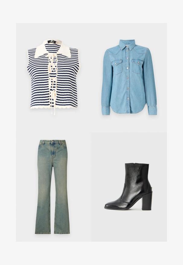 Mornarsko modra in smetanasta črtasta brezrokavnik z gumbom spredaj, ki ima valovit ovratnik in detajl z vezavo na sredini.; Svetlo modra jeans srajca z dolgimi rokavi, gumbi na sprednjem delu in dvema žepoma na prsih. Ima klasičen ovratnik in subtilne šive.; Svijetloplave traper hlače s proširenim nogavicama i visokim strukom, pet džepova i patentnim zatvaračem. Čist, izbjeljeni izgled s suptilnim detaljima šivanja.; Črne usnjene gležnarske čevlje z gladko teksturo, koničastim nosom in debelim visokim petam. Imajo stransko odprtino in minimalističen dizajn.