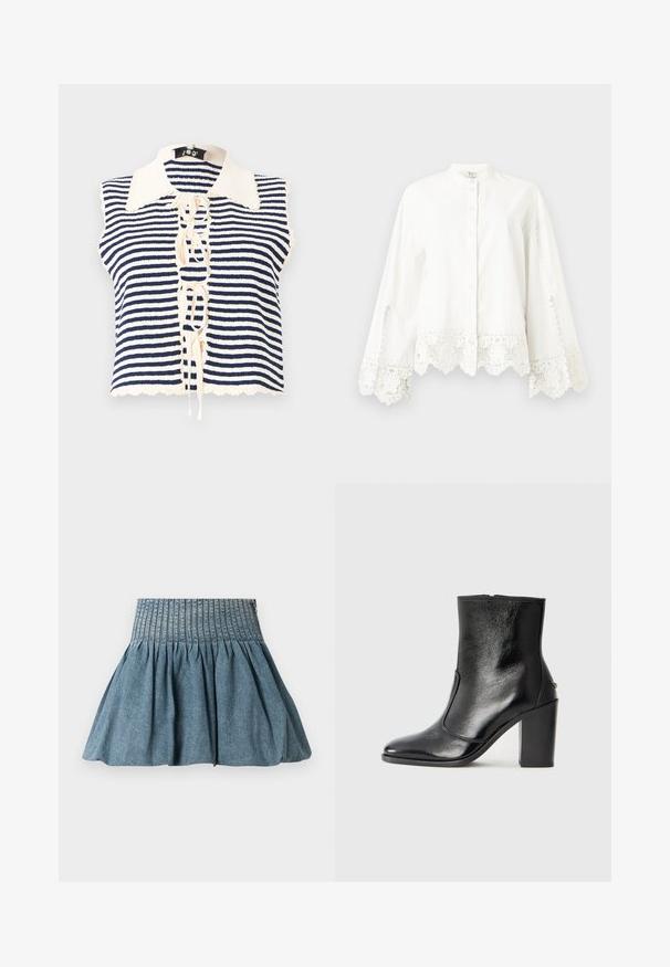 Mornarsko modra in smetanasta črtasta brezrokavnik z gumbom spredaj, ki ima valovit ovratnik in detajl z vezavo na sredini.; Bela dolga srajca z dolgimi rokavi in gumbi, okrašena z čipkastim robom na manšetah in robu, z mandarin ovratnikom in diskretnim dekorativnim šivom.; Jeans skirt s teksturo, ki se nabira, z širokim elastičnim pasom. Barva je svetlo modra z mehkimi in gladkimi zaključki.; Črne usnjene gležnarske čevlje z gladko teksturo, koničastim nosom in debelim visokim petam. Imajo stransko odprtino in minimalističen dizajn.