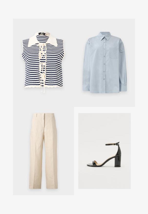 Námornícky modrý a krémový pruhovaný top bez rukávov s gombíkovou prednou časťou, vybavený volánovým golierom a šnurovaním v strede.; Svetlo modrá košeľa s dlhým rukávom, gombíková, s špicatým golierom a náprsníkom, položená na bielom pozadí.; Béžové ľanové nohavice vo voľnom strihu, s plisovaným predným dielom a rovnými nohavicami. Majú pás s pútkami na opasok a bez viditeľných vreciek.; Čierne lakované sandále s širokým podpätkom, otvorenou špičkou a remienkom okolo členka s zlatou sponou. Hladká textúra a elegantný dizajn.