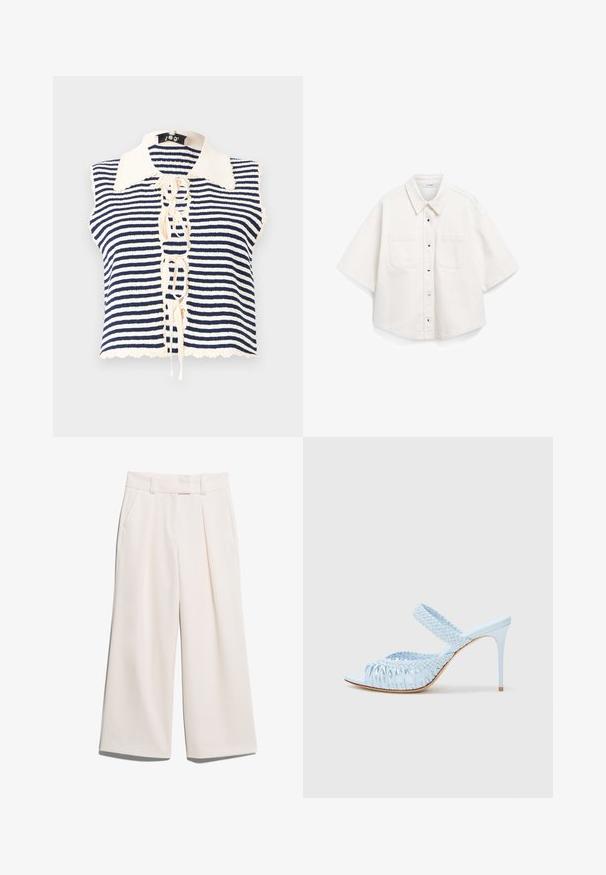 Top fără mâneci, cu dungi bleumarin și crem, cu un închizător cu nasturi în față, având un guler cu margini ondulate și detalii cu șiret în centru.; Cămașă albă cu mânecă scurtă, din bumbac, cu un sistem de închidere cu nasturi, două buzunare la piept și o guler structurat.; Pantaloni cu picioare largi într-o culoare crem deschis, dintr-un material neted, cu două buzunare frontale și cusături vizibile pe talie.; Sandale cu toc înalt de un albastru deschis, cu partea superioară împletită, vârf deschis și o curea largă peste picior. Textură netedă, toc subțire stilettos.