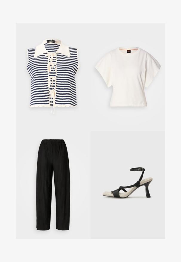 Navy and cream striped sleeveless top with a buttoned front, featuring a scalloped collar and lace-up detail in the center.; White cropped T-shirt, short wide sleeves, soft cotton material, round neckline with subtle orange trim, minimal design, no patterns or graphics.; Black pleated wide-leg pants with an elastic waistband. The fabric features vertical pleats and a smooth texture.; Black heeled sandal with braided strap design, square toe, and adjustable ankle strap. Light beige footbed with a glossy black heel.
