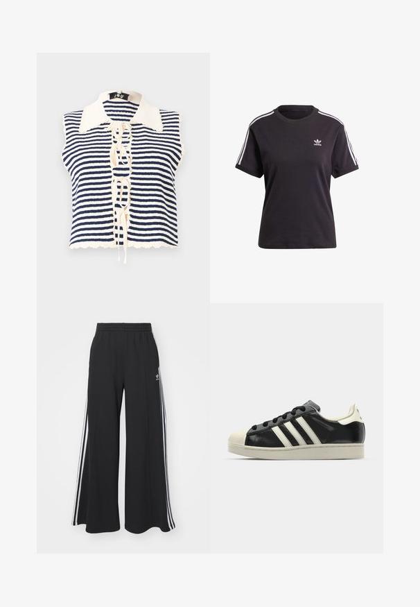 Tengerészkék és krémszínű csíkos ujjatlan felső gombos elülső résszel, fodros gallérral és fűződett részlettel a középen.; Fekete pamut, rövid ujjú póló kerek nyakkal, fehér csíkokkal a vállakon és egy kis fehér Adidas logóval a mellkasán.; Fekete, bő szárú melegítőnadrág, rugalmas derékkal, fehér oldalsávokkal és hímzett logóval a bal combon.; Fekete bőrsneaker fehér csíkokkal, gumírozott orral, fekete fűzővel és krém színű talppal. Simaság és fényes felület jellemzi.