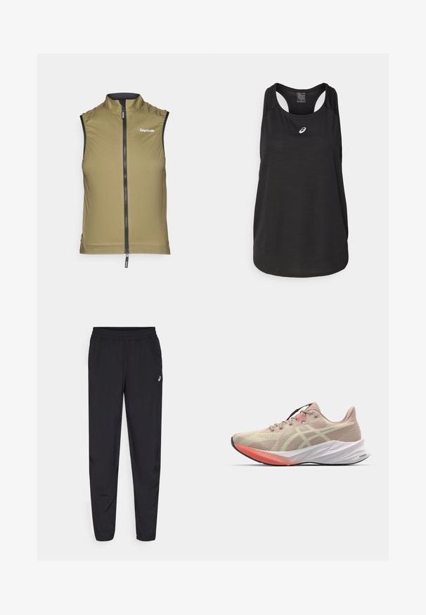 Ελαιοπράσινο αμάνικο γιλέκο φτιαγμένο από ελαφρύ υλικό, με φερμουάρ σε όλο το μπροστινό μέρος και ψηλό γιακά. Λογότυπο τυπωμένο μπροστά.; Μαύρο αθλητικό μπλουζάκι χωρίς μανίκια φτιαγμένο από ελαφρύ ύφασμα. Έχει στρογγυλή λαιμόκοψη, σχεδίαση racerback και ένα μικρό λευκό λογότυπο μπροστά.; Μαύρο αθλητικό παντελόνι με ελαστική μέση, στενές με τις μανσέτες, κατασκευασμένο από ελαφρύ, λείο υλικό, με μικρό λογότυπο στο μηρό.; Ανοιχτό ροζ αθλητικό παπούτσι με διχτυωτό άνω μέρος, λευκή ενδιάμεση σόλα και πορτοκαλί λεπτομέρειες στην σόλα. Διαθέτει κομψό, ρευστό σχέδιο.