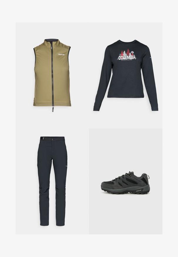 Colete sem mangas verde-oliva feito de material leve, com fecho frontal completo e colarinho alto. Logotipo impresso na frente.; Camisa de mangas longas cinza escuro com um gráfico de árvores vermelhas e montanhas; logótipo "COLUMBIA" em texto branco em negrito. Tecido suave, cuello redondo padrão.; Calças de exterior para homens, cinza escuro, feitas de material flexível, com cinto, bolsos com fecho éclair e costuras reforçadas.; Columbia REDMOND - Sapatos de caminhada - black/citron haze