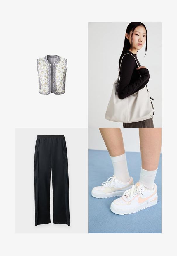 Blommönstrad vadderad väst i vit tyg, med gula och lila blommor. Kantade kanter och två sidofickor. Ingen ärm.; Avkortad, krämfärgad t-shirt i bomull. Har en rosa broderad logotyp som säger "Nike Sportswear." Kortärmad med rund halsringning.; Svarta träningsbyxor i mjukt tyg med vida ben, resårmidja och vertikala veck på sidorna.; Vita sneakers med persikoaccente, slät läderovandel, perforerad tå, texturerad sula och snörning. Bärs med vita ankelsockor på en blå yta.; Beige handväska tillverkad av mjukt material, med en avslappnad design, sydda detaljer och två axelremmar. Lämplig för dagligt bruk.