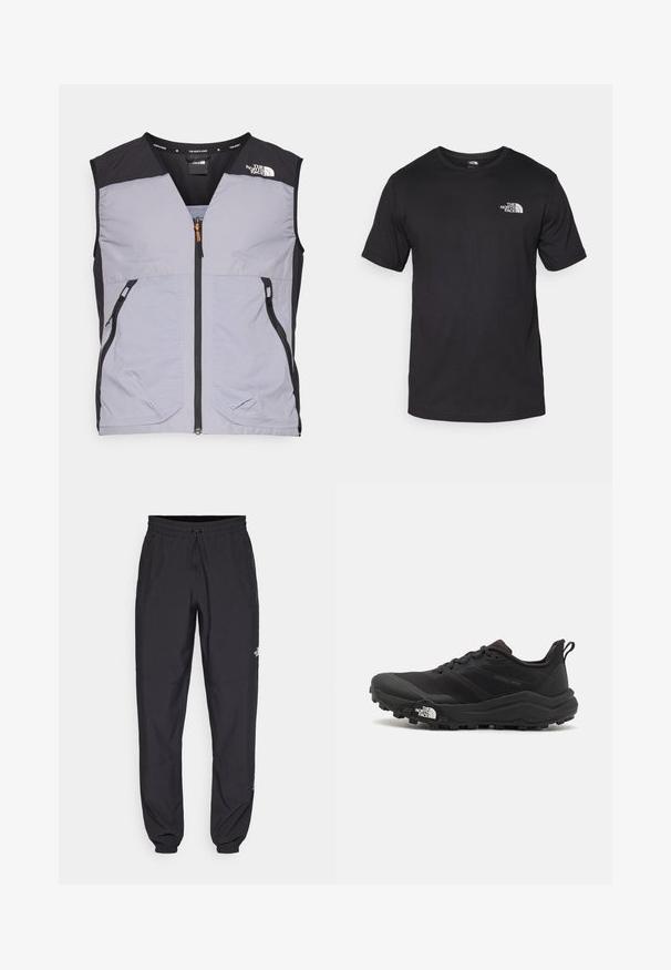 Siva in črna brezrokavnik z V-izrezom, sprednjim zadrgo, dvema stranskima žepoma in teksturiranimi paneli spredaj. Ima oranžen poteg zadrge.; Črna kratko sleeved majica iz bombaža, s krožnim izrezom in majhnim belim logotipom na zgornjem levem delu prsnega koša.; Črne atletske hlače iz lahkega materiala, ki imajo elastični pas z vezalko, stranske žepe in zožene manšete na gležnjih.; Črne tekaške čevlje za trail s teksturirano zgornjega dela, gumijastim podplatom in ojačanim zaključkom prstov. Vključuje oblazinjen ovratnik in zanko za enostavno obuvanje.