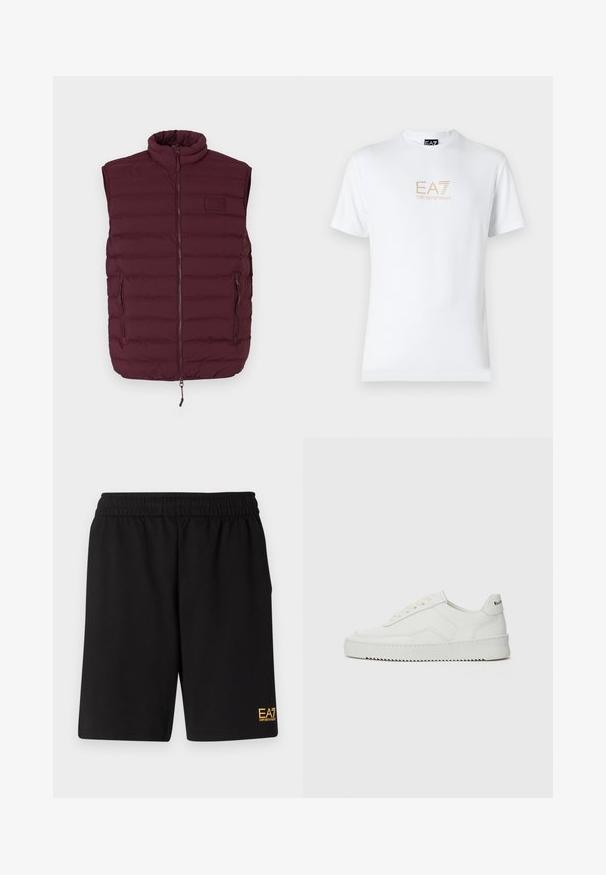 Vesta puffer fără mâneci, de culoare burgundă, cu guler înalt, cusături orizontale, închidere cu fermoar frontal și două buzunare laterale. Logo-ul EA pe piept.; Tricou alb din bumbac, cu guler rotund și mâneci scurte, având un logo auriu EA7 Emporio Armani imprimat pe față.; Shorts atletici negri dintr-un material moale, având o talie elastică și un mic logo galben EA7 pe partea inferioară a piciorului stâng.; Sneakers din piele albă cu un finisaj neted, vârf rotund, șireturi plate și o talpă texturată. Prezintă un logo subtil pe călcâi.