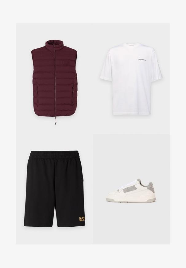 Bordo bezrukavni puffa prsluk s visokim ovratnikom, horizontalnim štitovima, prednjim zatvaračem i dva bočna džepa. EA logo na prsima.; Bijela kratka majica s kratkim rukavima od pamuka s V-izrezom, koja na lijevoj strani ima otisnuti crni logotip "FILLING PIECES".; Crne atletske kratke hlače od mekanog materijala, s elastičnim pojasom i malim žutim EA7 logotipom na donjoj lijevoj nozi.; Bijele i svijetložute niske tenisice sa bijelim vezicama i akcentima od sued kože, prikazane sa strane na jednostavnoj svijetloj pozadini.