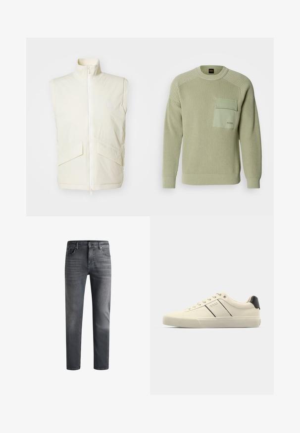 Cremefarbenes ärmelloses Weste mit hohem Kragen, Frontreißverschluss und zwei schrägen Taschen; glatte Textur und minimales Branding.; Hellgrüner Strickpullover mit gerippter Textur, Rundhalsausschnitt und einer Fronttasche. Mit Branding auf der Tasche und enganliegenden Bündchen.; Dunkelgraue Denim-Jeans mit geradem Schnitt, subtiler Ausbleichung, fünf Taschen und klassischer Nahtdetailierung an den Nähten und am Bund.; Cremfarbene Sneaker mit glatter Oberfläche, die schwarze Akzente und Markenlogo aufweisen. Klassisches Schnürdesign mit runder Zehenform und Gummisohle.