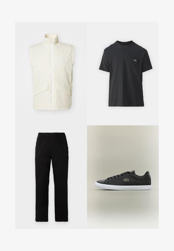 Kremfarget ermeløs vest med høy krage, glidelås foran og to skrå lommer; glatt tekstur og minimal merkevaredetalj.; Svart bomull t-skjorte med korte ermer, rund hals og en liten grønn logo på venstre brystlomme. Enkelt design, normal passform.; Sorte bukser laget av bomullsblandet stoff, med rett snitt, elastisk midjebånd med knapp, og uten synlige mønstre eller detaljer.; Svarte lær sneakers med hvit gummisåle, med grønt krokodillelogo og runde snører, elegant design med glatt tekstur.