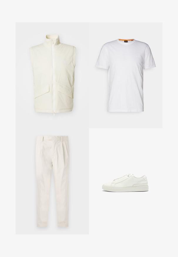 Gilet senza maniche color crema con colletto alto, zip frontale e due tasche angolate; texture liscia e dettagli di branding minimi.; T-shirt bianco in cotone con collo rotondo, maniche corte e un logo a rilievo discreto sul petto. L'etichetta interna ha un accento arancione.; Pantaloni bianchi plissettati con taglio su misura, caratterizzati da una texture liscia, passanti per la cintura e gambe affusolate. Nessuna tasca o motivo visibile.; Sneaker bianca in pelle con tomaia testurizzata, punta tonda, design minimalista e suola in gomma con dettagli cuciti.