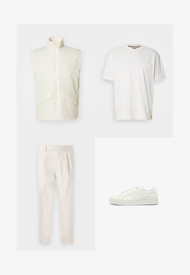 Kermanvärinen ilmanhiha vest, jossa on korkea kaulus, etuvetoketju ja kaksi vinotaskua; sileä pinta ja minimaalinen brändäys.; Valkoinen puuvillapaita, jossa on pyöreä kaula-aukko, lyhyet hihat ja vasemmalla rintatasku. Paidan sivusaumassa on pieni logotägi.; Valkoiset, laskostetut housut, joissa on räätälöity istuvuus. Housut ovat sileäpintaiset, niissä on vyölenkit ja kapenevat lahkeet. Ei näkyviä taskuja tai kuvioita.; Valkoinen nahkakenkä, jossa on teksturoitu yläosa, pyöreä kärki, minimalistinen muotoilu ja kumipohja, jossa on ommeltu yksityiskohta.