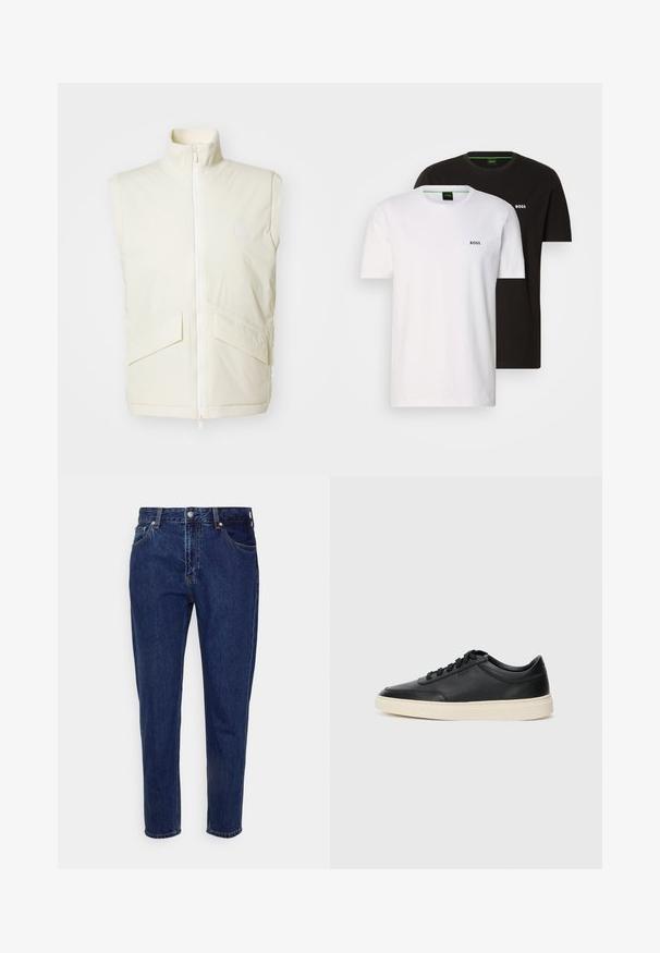 Kreminės spalvos be rankovių liemenė su aukštu apykaklės, priekinis užtrauktukas ir dvi įstrižos kišenės; glotni tekstūra ir minimalus ženklinimas.; Dvi medvilnės marškinėliai juodos ir baltos spalvos, su apvalia iškirpte ir mažais logotipais ant krūtinės. Abu marškiniai turi trumpas rankoves ir tiesų pjūvį.; Tamsiai mėlyni džinsai su tiesia koja, penkiomis kišenėmis ir mygtukų užsegimu. Pasižymi nežymiu nusidėvėjimu ir siuvimo detalėmis.; Juoda žema viršutinė odinė sportbačiai su juodais raišteliais ir kreminiu padu, pateikti šoniniame profilyje ant baltos fono.