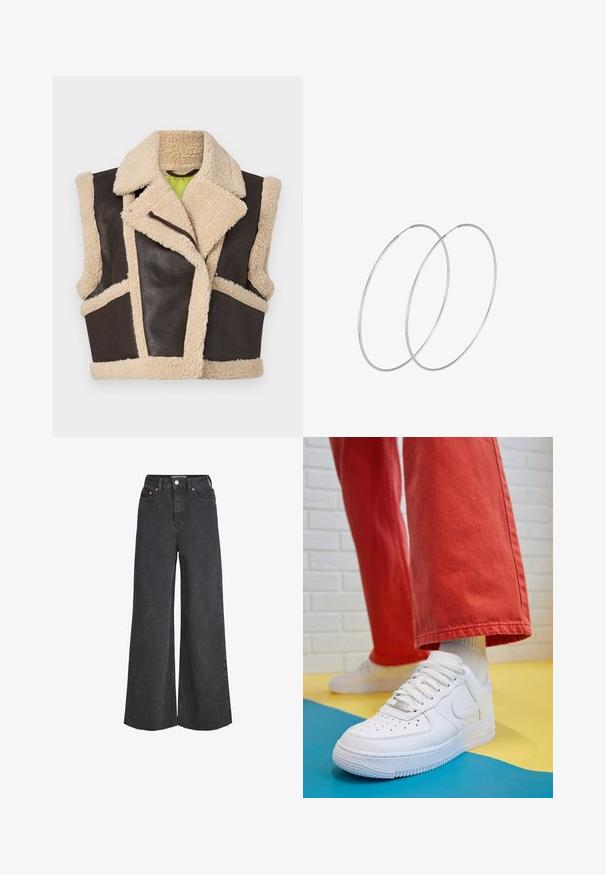 Chaleco de cuero marrón con acentos de borreguito crema. Presenta un amplio cuello, diseño corto y cierre con cremallera. Paneles de contraste texturizados visibles.; Top de tirantes blanco sin mangas hecho de tela acanalada, con un escote redondeado y una silueta ajustada, con costuras mínimas y sin adornos.; Jeans de tiro alto, anchos y negros, con botón y cremallera en el frente, cinco bolsillos y detalle de dobladillo sin rematar.; Zapatilla de cuero blanco con caja de dedos perforada, suela texturizada y cordones blancos, combinada con pantalones rojos amplios y un fondo azul y amarillo.; Pendientes de aro plateados con un diseño minimalista. Forma circular, textura suave y perfil delgado. Livianos con un acabado pulido.